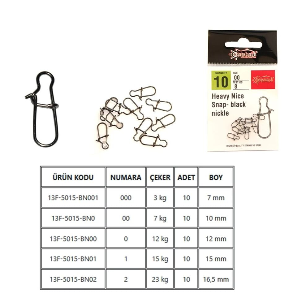 Captain 5015 Sahte Balık Klipsi Snap İnox 10'lu Paket Black Nikel